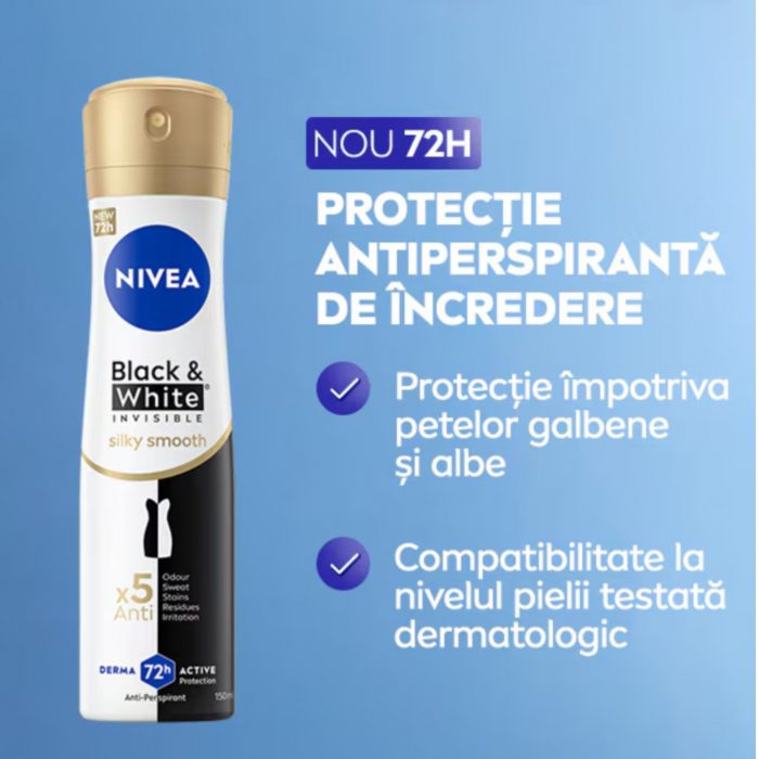 Deodorant antiperspirant spray 72h Black & White Silky Smooth Nivea 150 ml - imagine 2