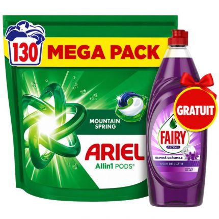 Detergent rufe capsule Mountain Spring Ariel 130 capsule / pachet + CADOU
