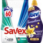 Detergent rufe pudra automat Fresh Savex 6 kg 60 spalari + Balsam rufe Sensation Luxury Asevi 1.5L 60 spalari