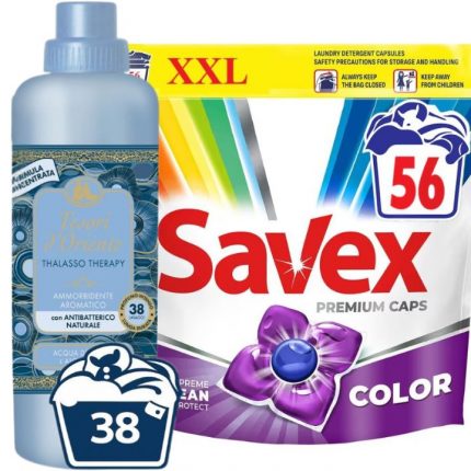 Detergent rufe capsule Color Savex 56 spalari + Balsam rufe Thalasso Therapy Tesori d'Oriente 760ml 38 spalari