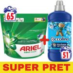 Detergent rufe capsule Montain Spring Ariel 65 capsule / punga + Balsam rufe Passion Flower Coccolino 1275 ml 51 spalari