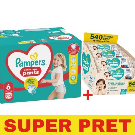 Scutece marimea 6, 13-19 kg Pampers Pants 360 84 buc/pachet + Servetele umede Soft Clean Pampers 9 pachete 540 buc