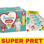 Scutece marimea 7, 15+ Pampers Pants 360 74 buc/pachet + Servetele umede Soft Clean Pampers 9 pachete 540 buc