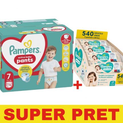 Scutece marimea 7, 15+ Pampers Pants 360 74 buc/pachet + Servetele umede Soft Clean Pampers 9 pachete 540 buc