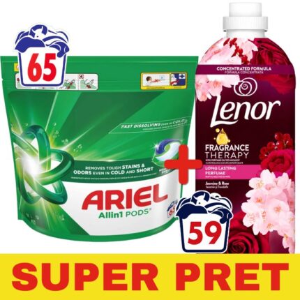 Detergent rufe capsule Mountain Spring Ariel 65 capsule + Balsam rufe lichid Jasmin & Rose Lenor 1239 ml 59 spalari